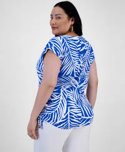 Inc International Concepts Plus Size Cotton Fern-print Top, Exclusively At Macy's In Blue