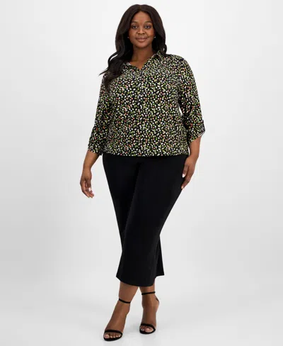 Ak Anne Klein Plus Size Button Roll-tab Printed Blouse