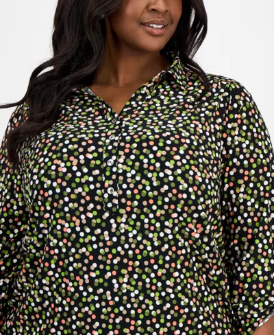 Ak Anne Klein Plus Size Button Roll-tab Printed Blouse