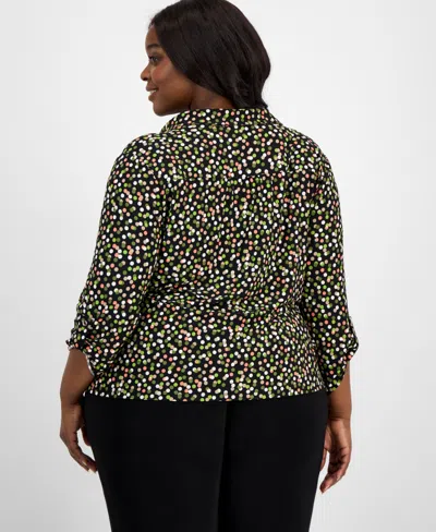 Ak Anne Klein Plus Size Button Roll-tab Printed Blouse