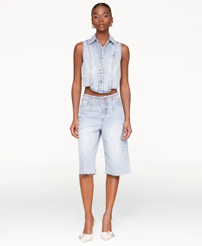 Avec Les Filles Sleeveless Tuxedo Crop Denim Shirt