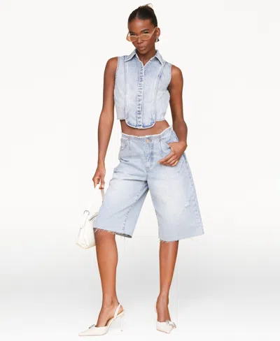 Avec Les Filles Sleeveless Tuxedo Crop Denim Shirt