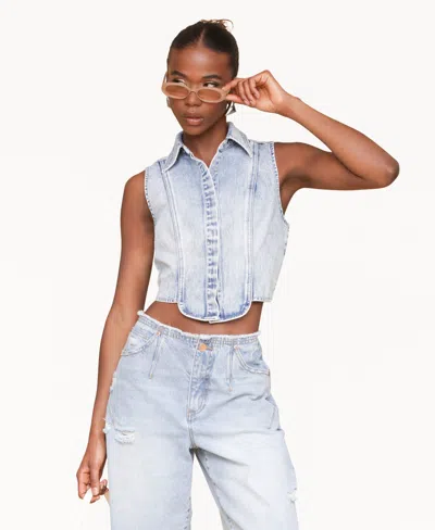 Avec Les Filles Sleeveless Tuxedo Crop Denim Shirt