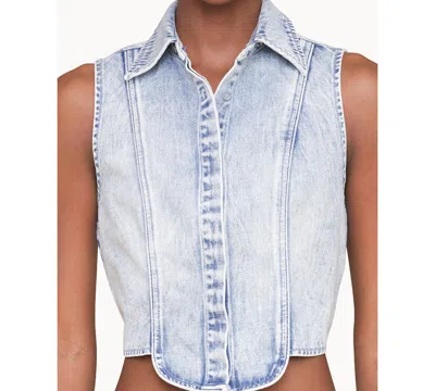 Avec Les Filles Sleeveless Tuxedo Crop Denim Shirt