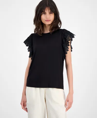 T Tahari Women's Lace-trim Cap-sleeve T-shirt