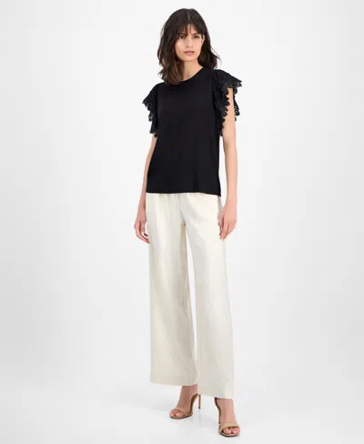 T Tahari Women's Lace-trim Cap-sleeve T-shirt