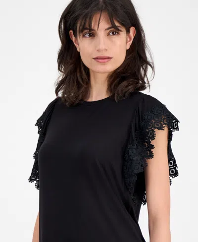 T Tahari Women's Lace-trim Cap-sleeve T-shirt
