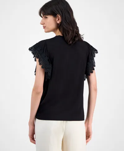 T Tahari Women's Lace-trim Cap-sleeve T-shirt