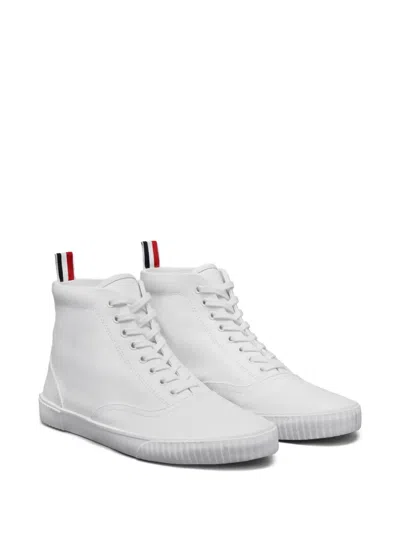 Thom Browne White Vitello Calf Leather High Top Heritage Sneakers In White
