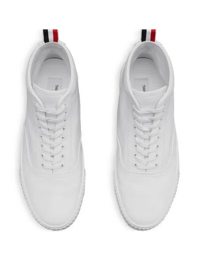 Thom Browne White Vitello Calf Leather High Top Heritage Sneakers In White