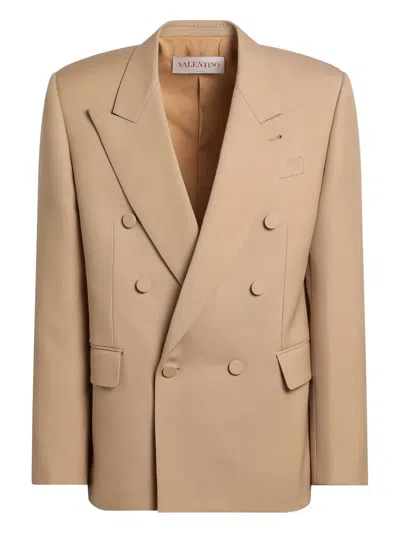 Valentino Double-breasted Jacket Camel Light In Wool In Brown
