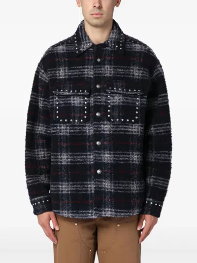 Palm Angels Plaid Check Studded Wool Overshirt In Black