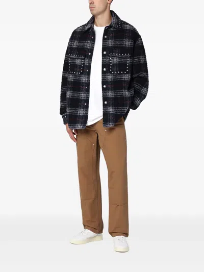 Palm Angels Plaid Check Studded Wool Overshirt In Black