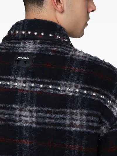 Palm Angels Plaid Check Studded Wool Overshirt In Black