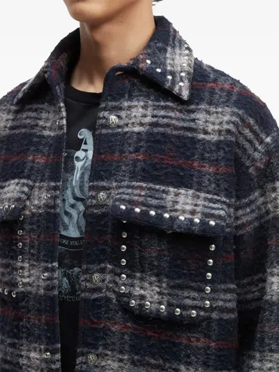 Palm Angels Plaid Check Studded Wool Overshirt In Black
