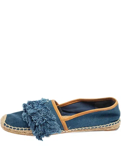 Pre-owned Tory Burch Fringed Denim Flats In Blue