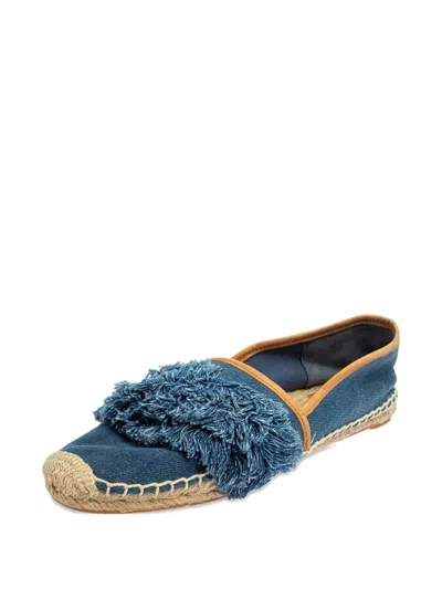 Pre-owned Tory Burch Fringed Denim Flats In Blue