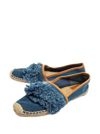 Pre-owned Tory Burch Fringed Denim Flats In Blue