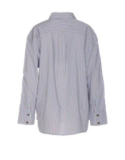 Ganni Multicolor Shirt With All-over Stripes And Logo Patch On The Front In Viscose Blend Woman In Blue