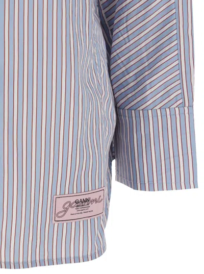 Ganni Multicolor Shirt With All-over Stripes And Logo Patch On The Front In Viscose Blend Woman In Blue