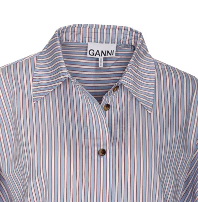 Ganni Multicolor Shirt With All-over Stripes And Logo Patch On The Front In Viscose Blend Woman In Blue