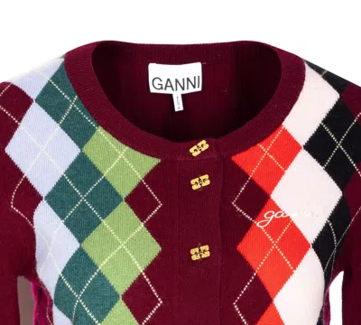 Ganni Womens Tawny Port Rhombus-print Round-neck Wool And Cashmere Cardigan Xl In Brown
