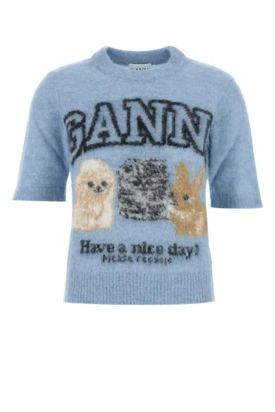 Ganni Light Blue Crewneck T-shirt With Maxi Logo Embroidery On The Front In Blue