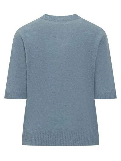 Ganni Light Blue Crewneck T-shirt With Maxi Logo Embroidery On The Front In Blue