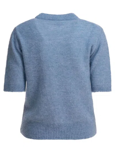 Ganni Light Blue Crewneck T-shirt With Maxi Logo Embroidery On The Front In Blue