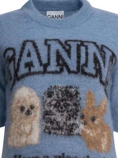 Ganni Light Blue Crewneck T-shirt With Maxi Logo Embroidery On The Front In Blue