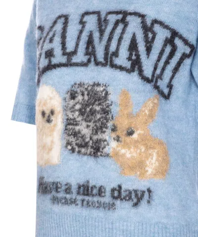 Ganni Light Blue Crewneck T-shirt With Maxi Logo Embroidery On The Front In Blue
