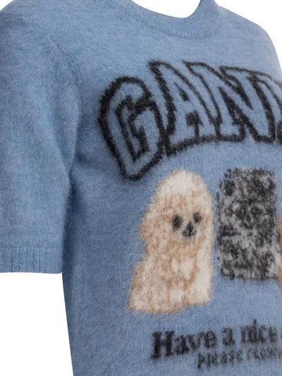 Ganni Light Blue Crewneck T-shirt With Maxi Logo Embroidery On The Front In Blue