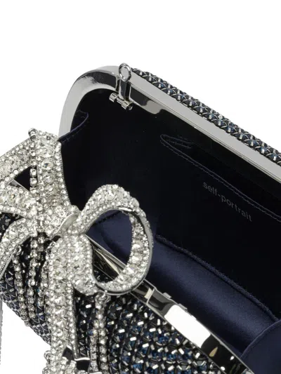 Self-portrait Knitted Clutch With Silver-tone Crystal Bow In Blue