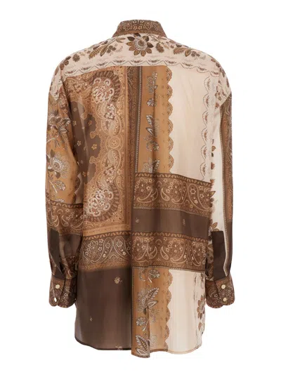 Zimmermann Lucky Brown Shirt With Classic Collar And All-over Floral Print In Silk Woman