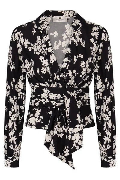 Elisabetta Franchi Georgette Blouse With Floral Pattern And Waist Sash In Black
