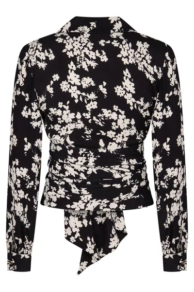 Elisabetta Franchi Georgette Blouse With Floral Pattern And Waist Sash In Black