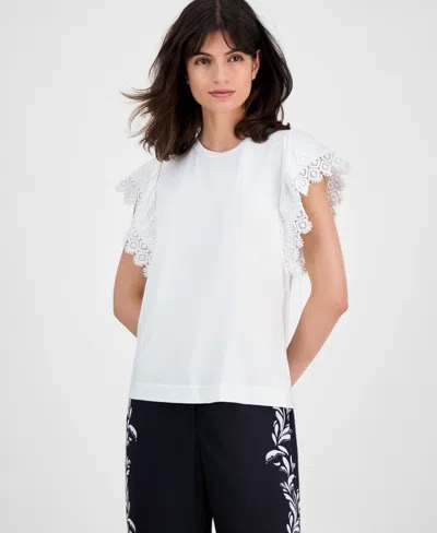 T Tahari Women's Lace-trim Cap-sleeve T-shirt