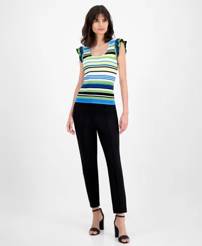 T Tahari Women's Striped Flutter-sleeve Scoop-neck Top