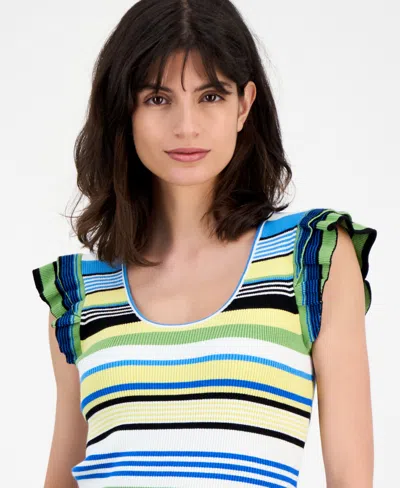 T Tahari Women's Striped Flutter-sleeve Scoop-neck Top