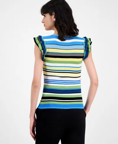 T Tahari Women's Striped Flutter-sleeve Scoop-neck Top