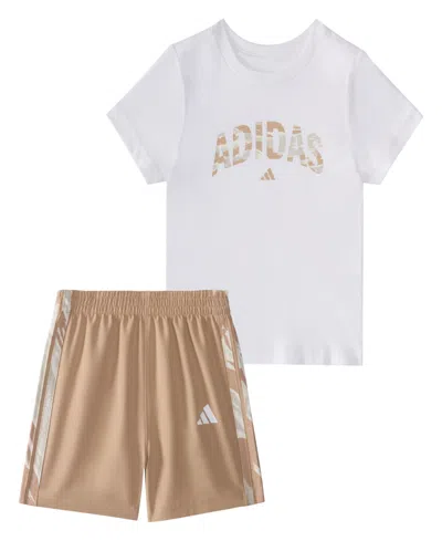Adidas Originals Baby Boys 2-piece Short Sleeve T-shirt And Camo 3-stripe Woven Shorts Set In White