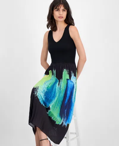 T Tahari Women's Pleated Brushstroke-print Dress