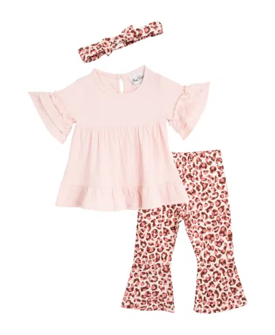 Rare Editions Baby Girls 3-piece Ruffle Top, Leopard Flare Pants And Headband Set In Pink