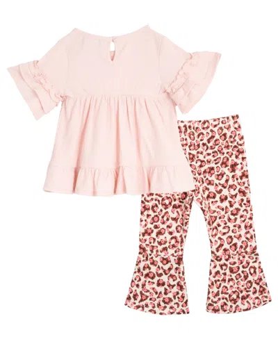 Rare Editions Baby Girls 3-piece Ruffle Top, Leopard Flare Pants And Headband Set In Pink