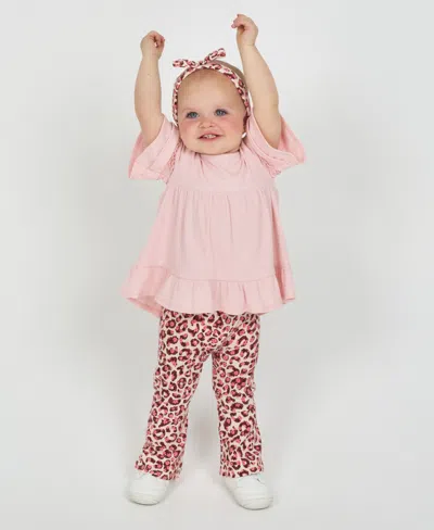 Rare Editions Baby Girls 3-piece Ruffle Top, Leopard Flare Pants And Headband Set In Pink