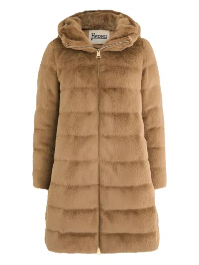 Herno Hooded Quilted Faux Fur Coat In Brown