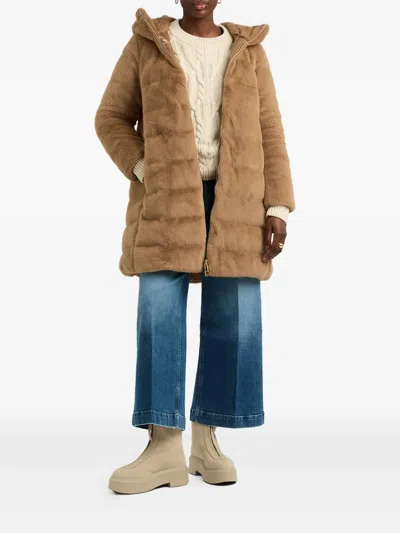 Herno Hooded Quilted Faux Fur Coat In Brown