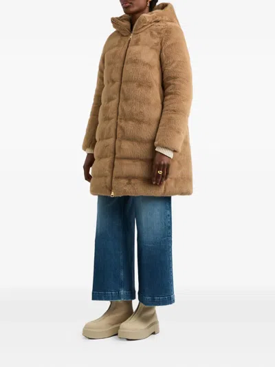 Herno Hooded Quilted Faux Fur Coat In Brown