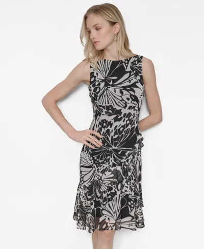 Dkny Women's Chiffon Printed Boat-neck Ruffle-hem Dress
