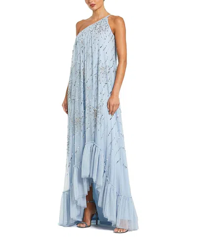 Mac Duggal Bow Embellished Mesh One Shoulder High Low Gown In Blue
